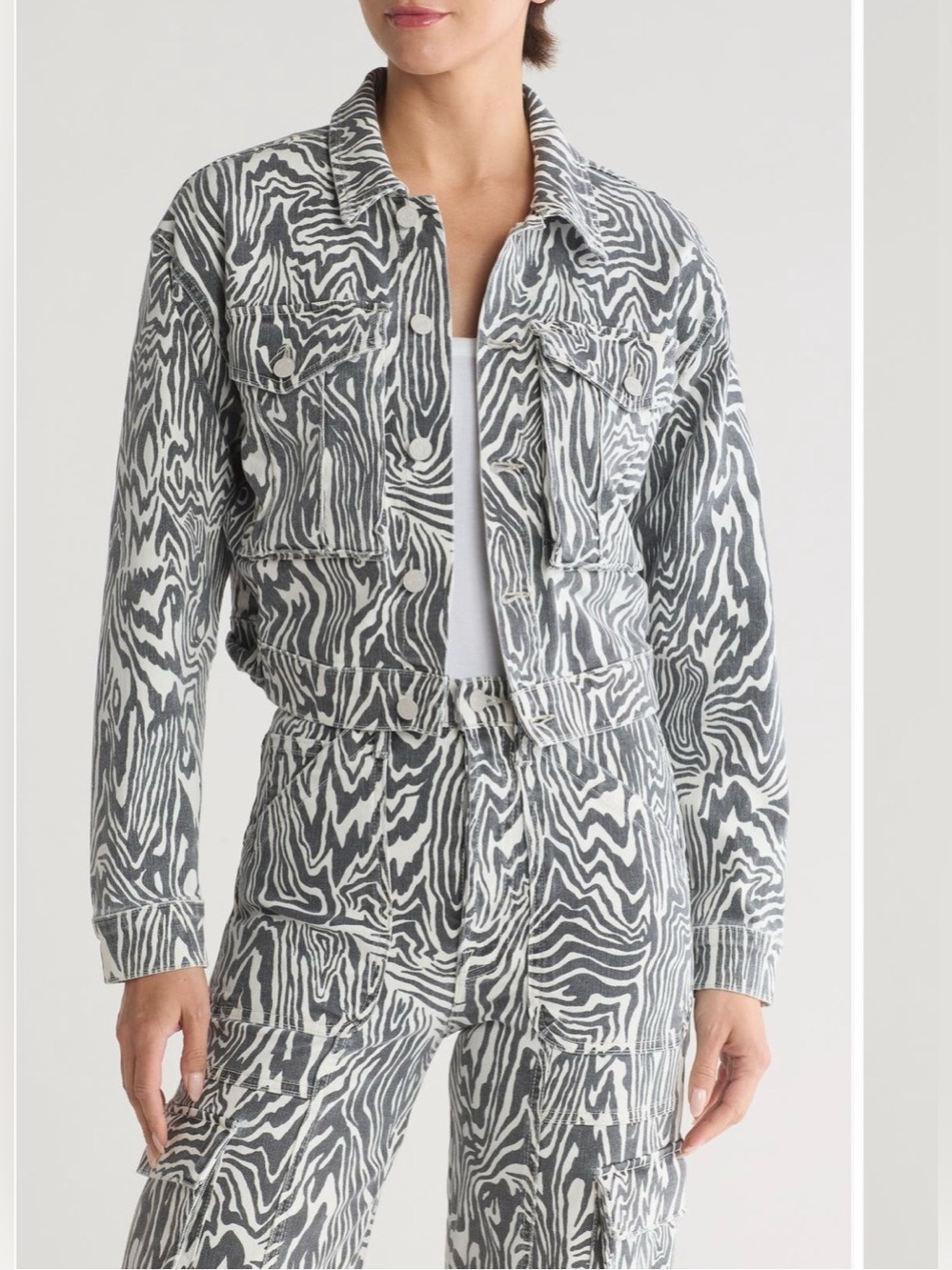 MOTHER Zebra Print Denim Set — Cropped Jacket Size Small + Cargo Jeans 27